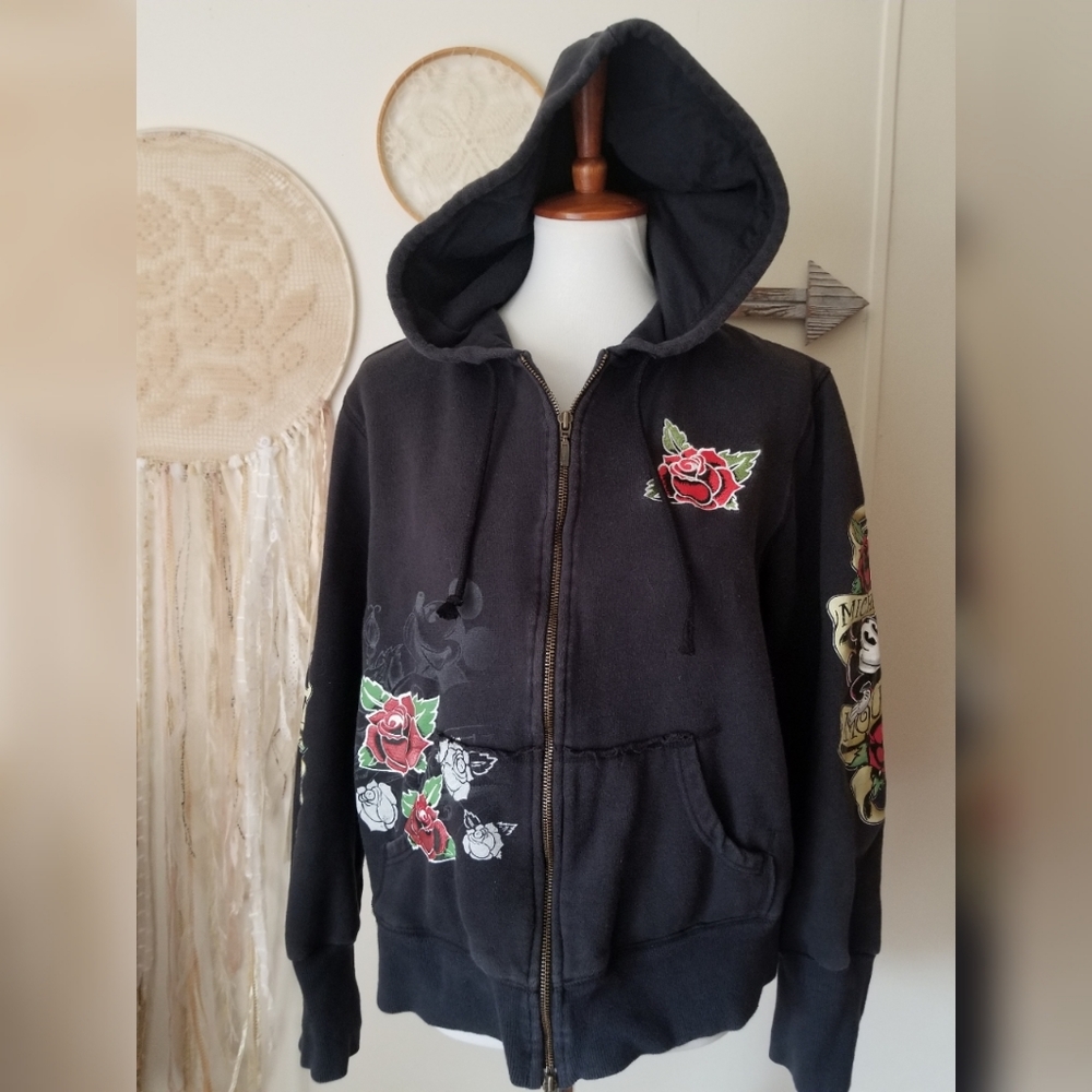 Walt Disney World Mickey Mouse Rose Tattoo Zip Up Hoodie Size XXL